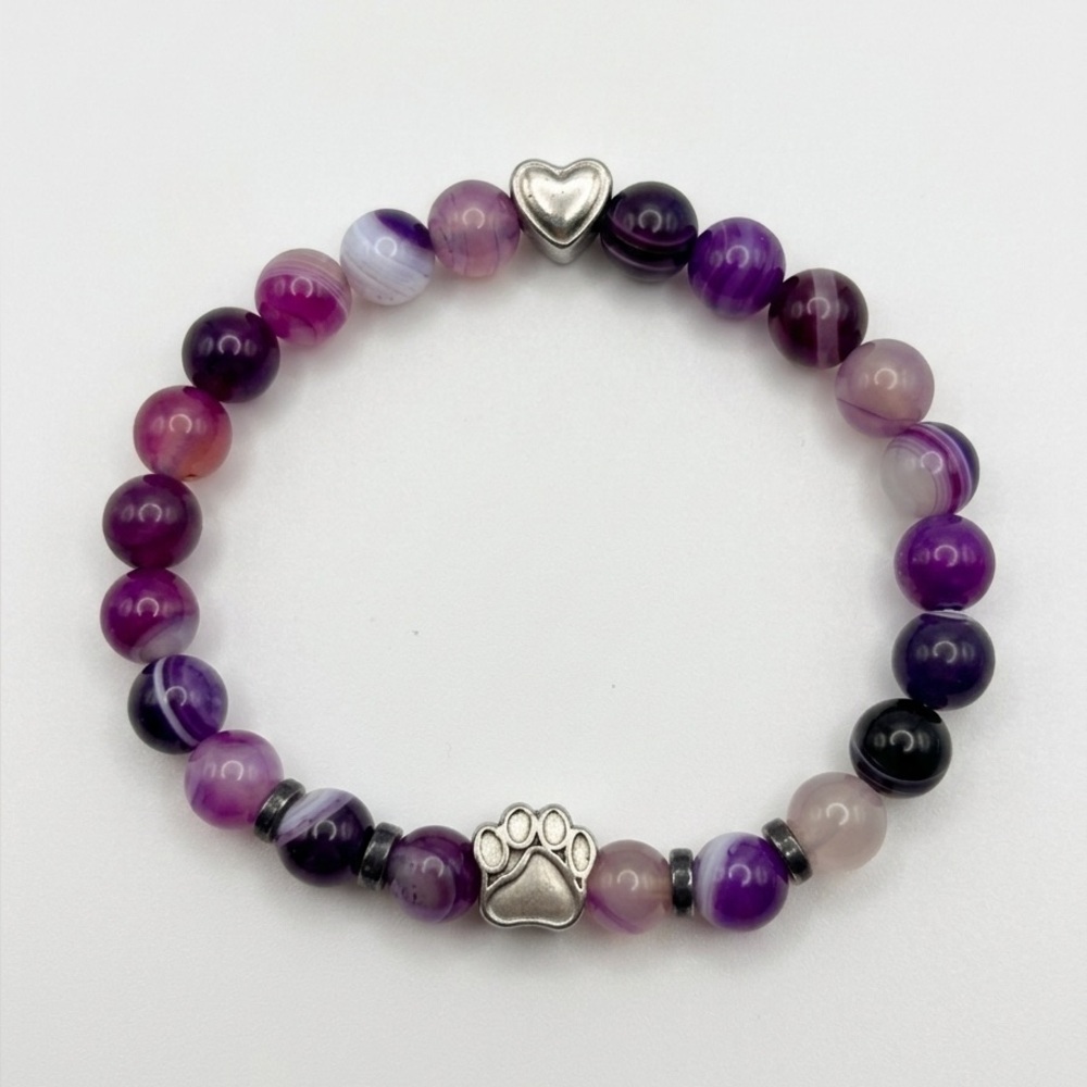 Purple Beaded Bracelet with Heart and Paw Charms